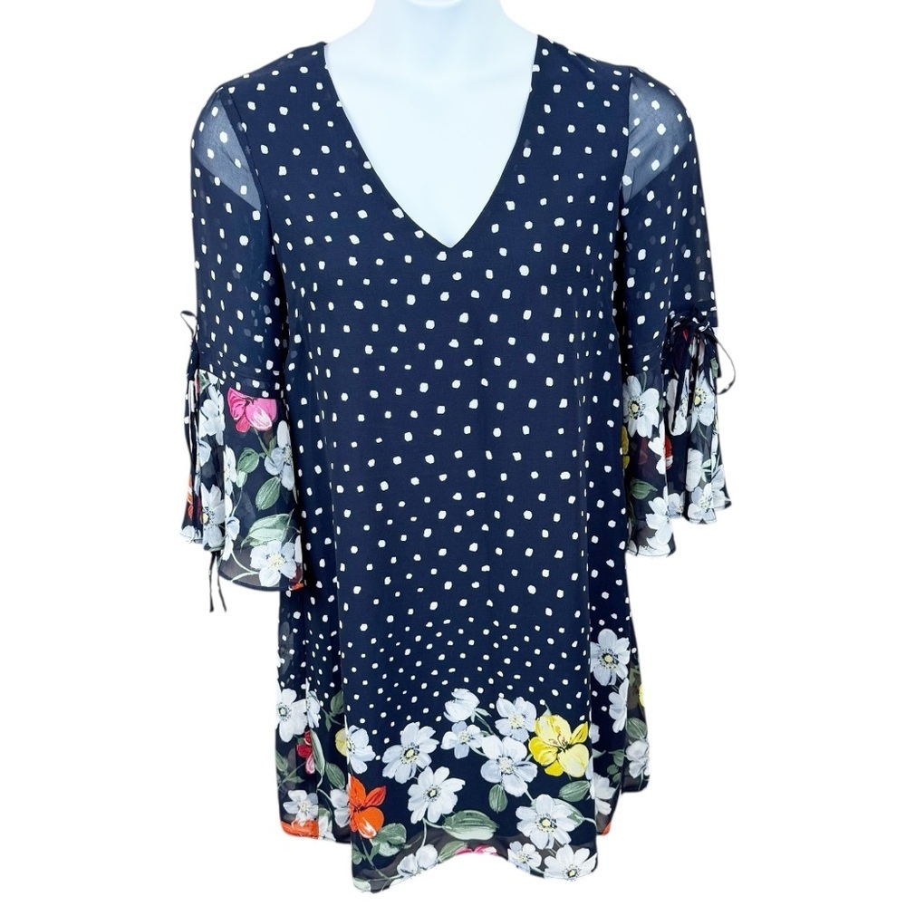 Asymmetrical Blue and White Polka Dot Floral Flutter Sleeve Dress Whimsy